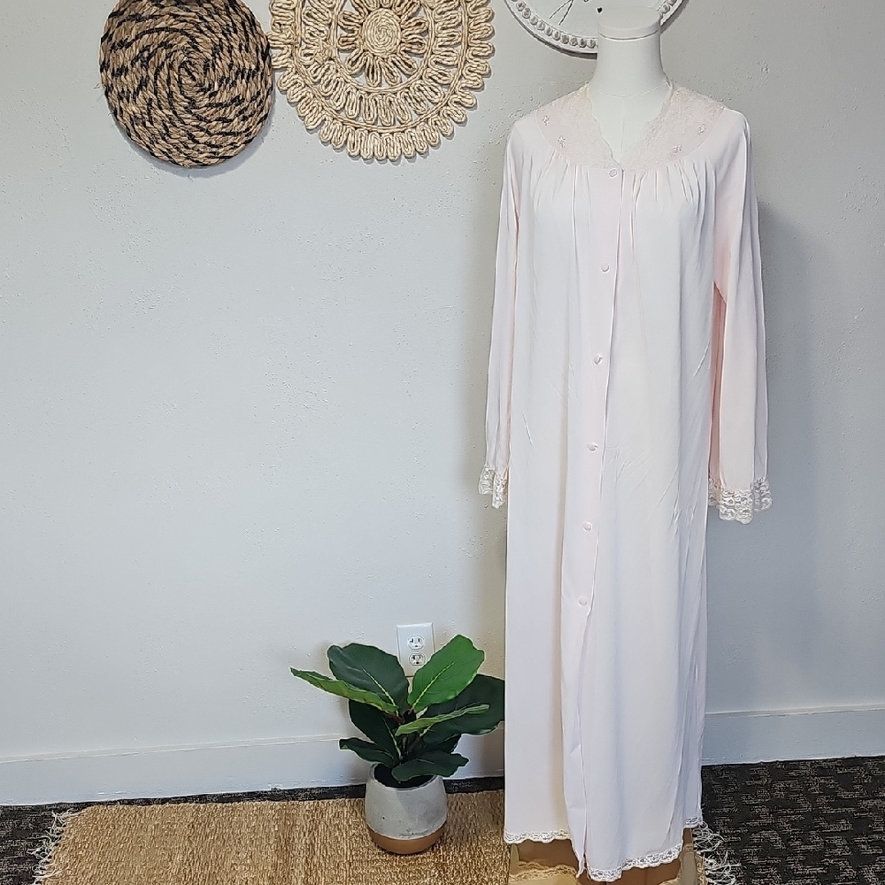 Vintage Shadowline Pink All Nylon Robe Womens S Pink Rosettes Lace Full Length